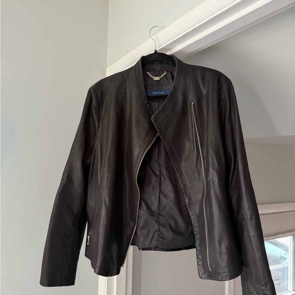 Cole Haan Asymmetrical Black Leather Jacket- like new